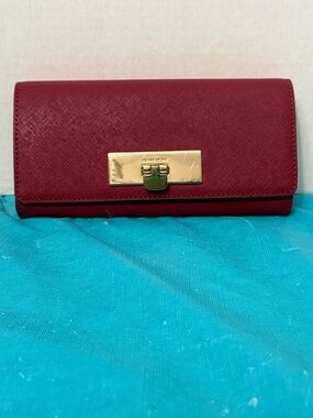 Michael Kors Wine Saffiano Leather Clutch Wallet with Gold Hardware